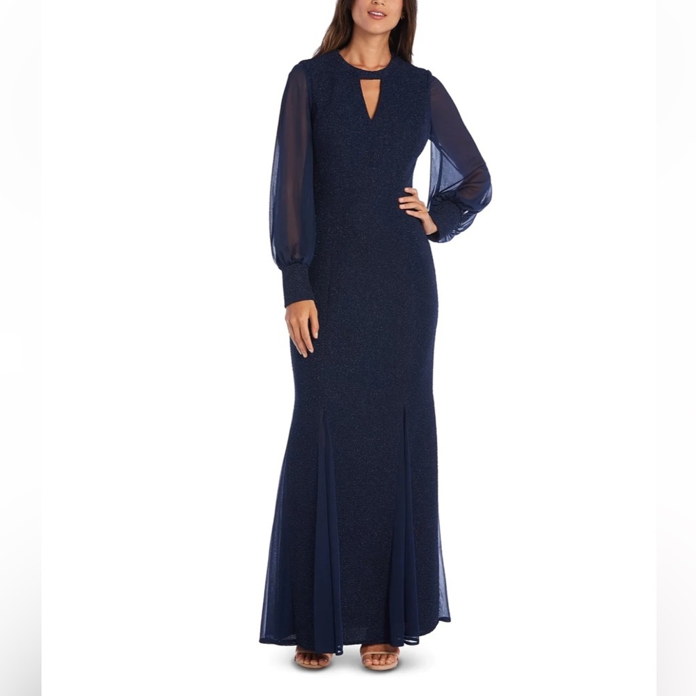 Nightway women’s long sleeve keyhole pleated evening maxi gown navy in size 4